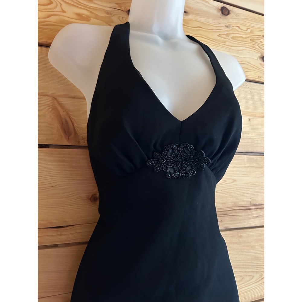 Vintage 90s Black Halter Midi Dress Sheer Overlay Beaded Detail Size 6 Friends - Picture 5 of 12